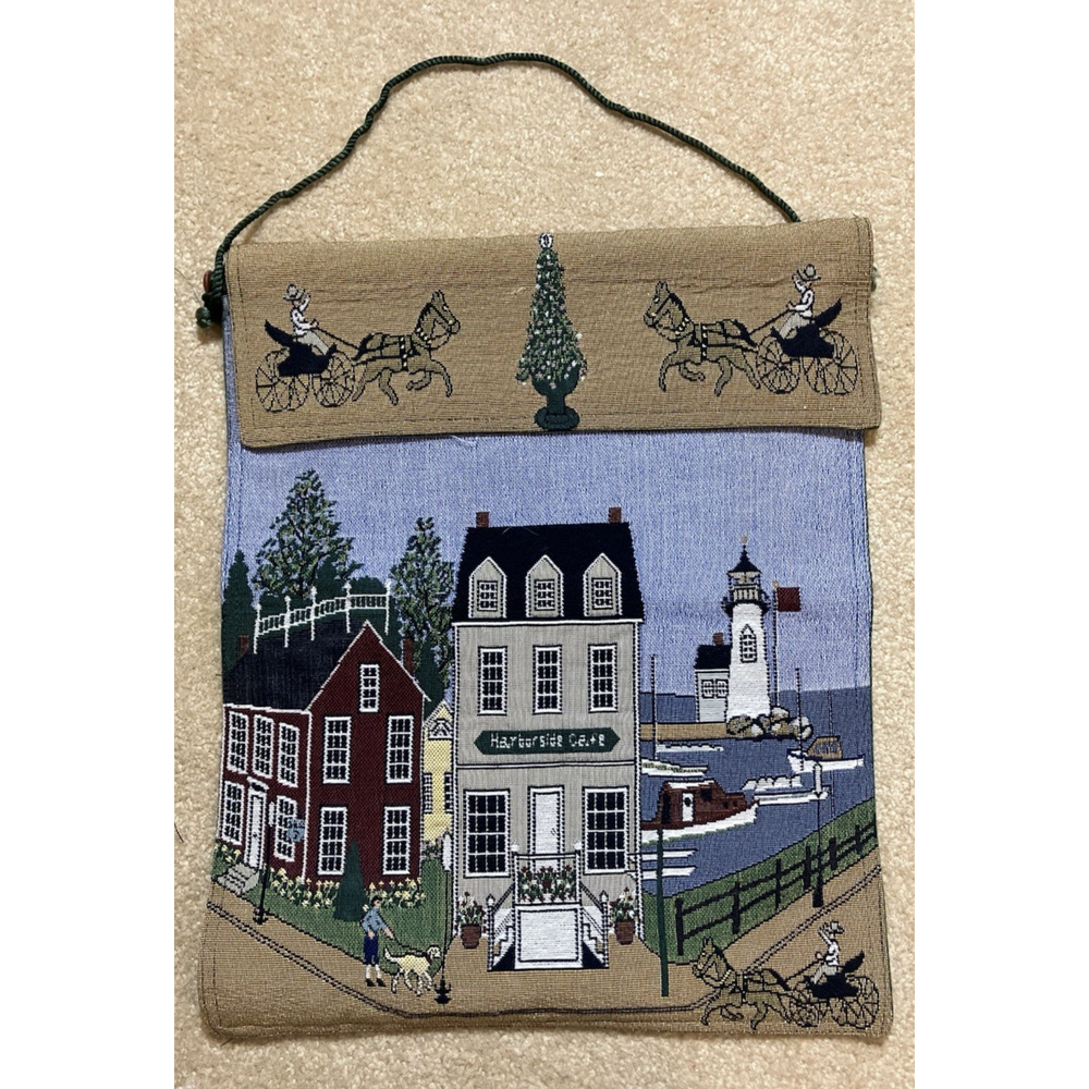 Tapestry Wall Hanging Woven Coastal Village Seaside Scene 16x13